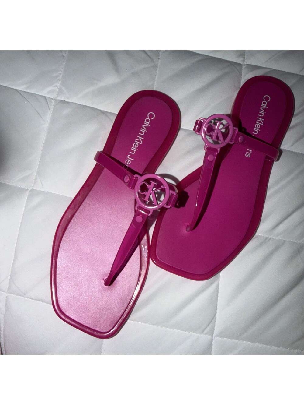 Women's Calvin Klein Edhen Logo T-Strap Flat Jelly Sandals Hot Pink